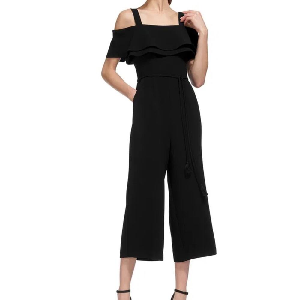 WHISTLES Emmalie Frill Jumpsuit Black Ruffle Women’s Wide Leg Size 8 Crop